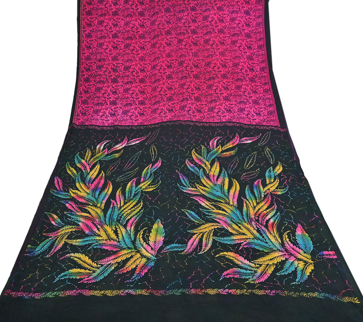 Indian Vintage Pink & Black Pure Silk Printed Mukesh Work Saree 6Yards Soft Fabric for Dressmaking, Quilting, Crafting, Sewing, Dress Making