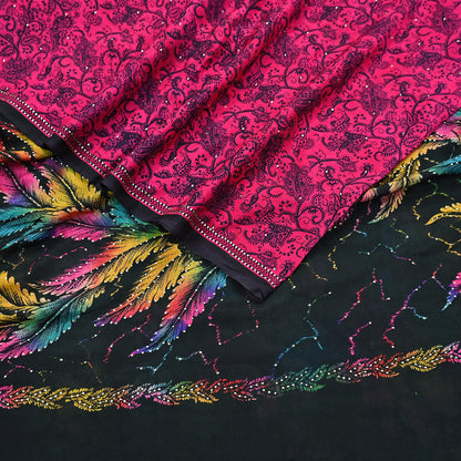 Indian Vintage Pink & Black Pure Silk Printed Mukesh Work Saree 6Yards Soft Fabric for Dressmaking, Quilting, Crafting, Sewing, Dress Making