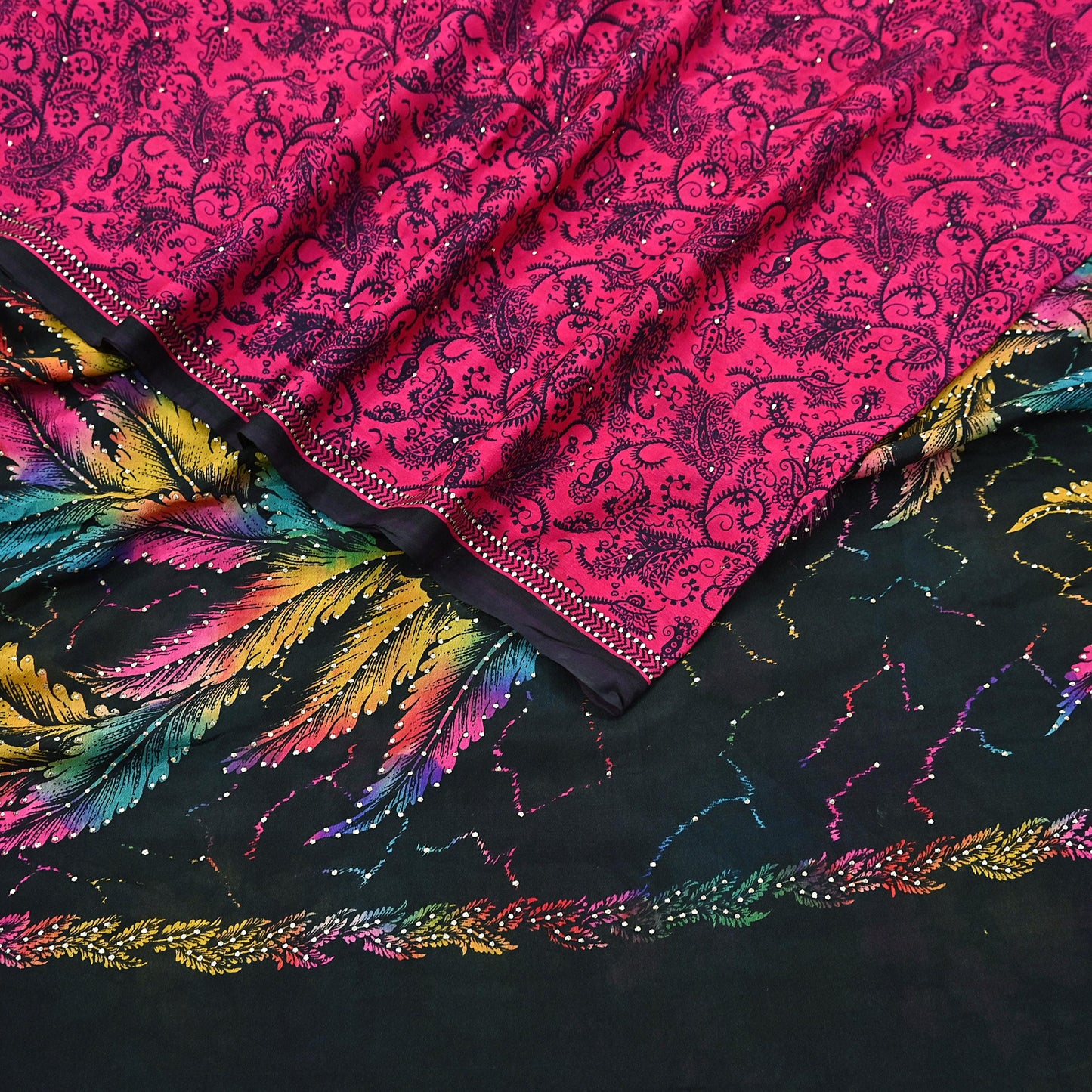 Indian Vintage Pink & Black Pure Silk Printed Mukesh Work Saree 6Yards Soft Fabric for Dressmaking, Quilting, Crafting, Sewing, Dress Making