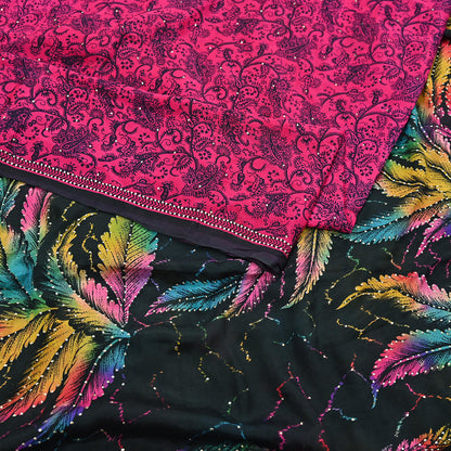 Indian Vintage Pink & Black Pure Silk Printed Mukesh Work Saree 6Yards Soft Fabric for Dressmaking, Quilting, Crafting, Sewing, Dress Making