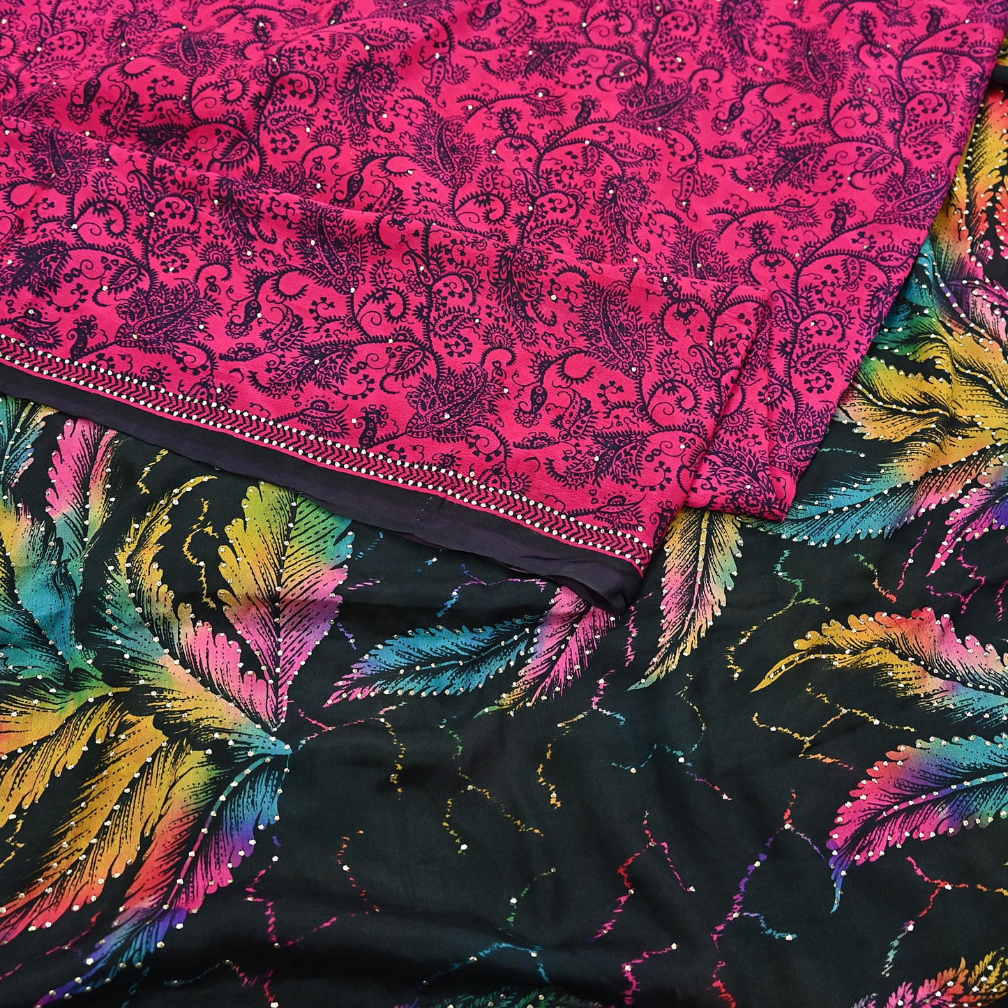 Indian Vintage Pink & Black Pure Silk Printed Mukesh Work Saree 6Yards Soft Fabric for Dressmaking, Quilting, Crafting, Sewing, Dress Making