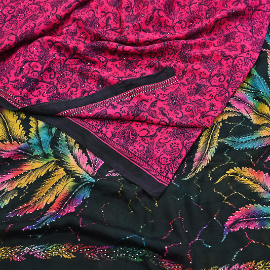 Indian Vintage Pink & Black Pure Silk Printed Mukesh Work Saree 6Yards Soft Fabric for Dressmaking, Quilting, Crafting, Sewing, Dress Making