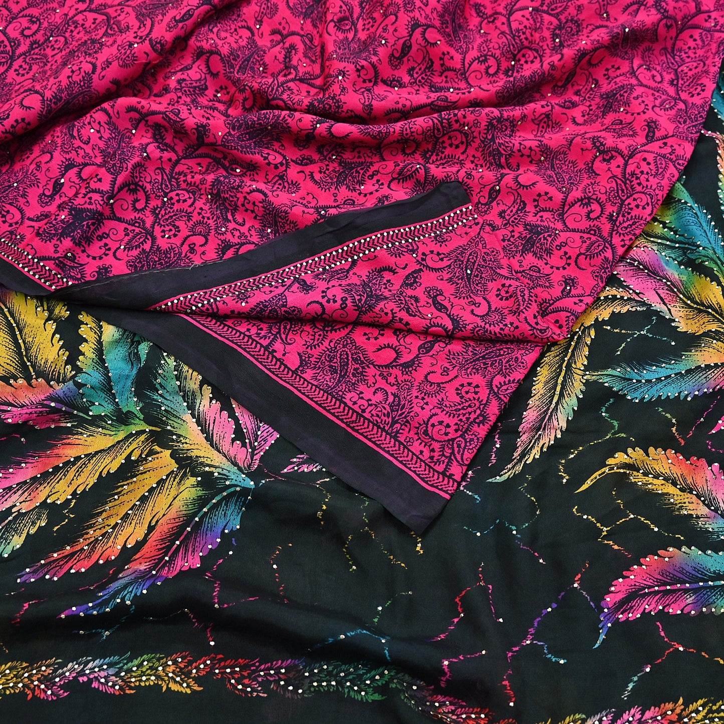 Indian Vintage Pink & Black Pure Silk Printed Mukesh Work Saree 6Yards Soft Fabric for Dressmaking, Quilting, Crafting, Sewing, Dress Making