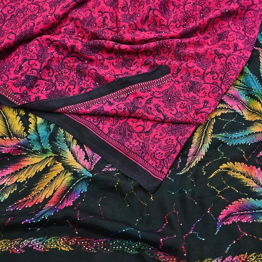 Indian Vintage Pink & Black Pure Silk Printed Mukesh Work Saree 6Yards Soft Fabric for Dressmaking, Quilting, Crafting, Sewing, Dress Making