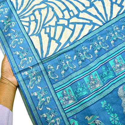 Indian Vintage Sari Ivory & Blue Printed 100% Pure Satin Silk Sarees 5yd Sewing Craft Fabric Dress Making Wrap Upcycle Quilting Crafting