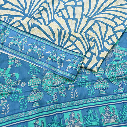 Indian Vintage Sari Ivory & Blue Printed 100% Pure Satin Silk Sarees 5yd Sewing Craft Fabric Dress Making Wrap Upcycle Quilting Crafting