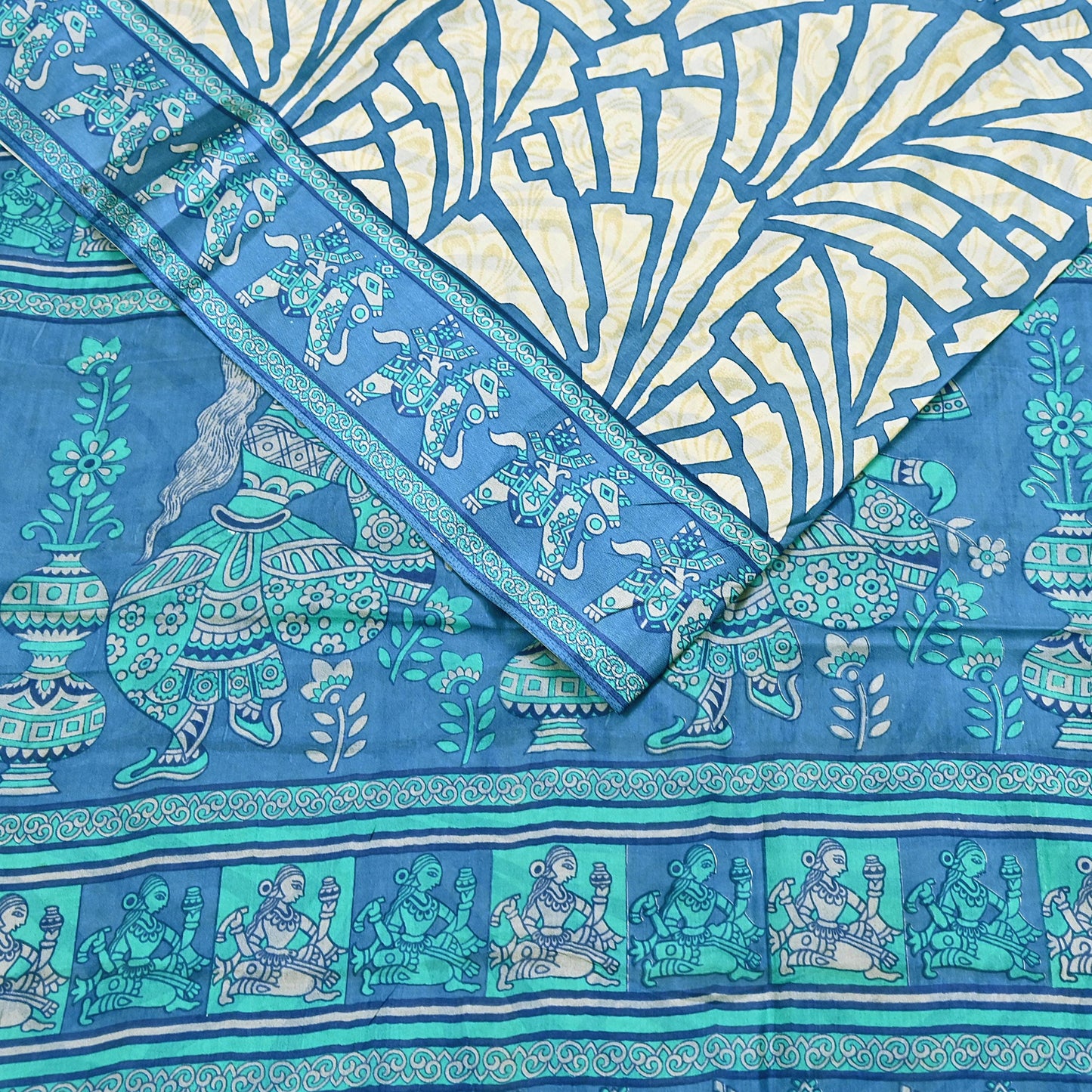 Indian Vintage Sari Ivory & Blue Printed 100% Pure Satin Silk Sarees 5yd Sewing Craft Fabric Dress Making Wrap Upcycle Quilting Crafting
