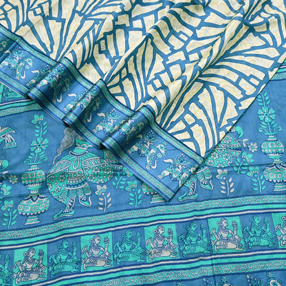 Indian Vintage Sari Ivory & Blue Printed 100% Pure Satin Silk Sarees 5yd Sewing Craft Fabric Dress Making Wrap Upcycle Quilting Crafting