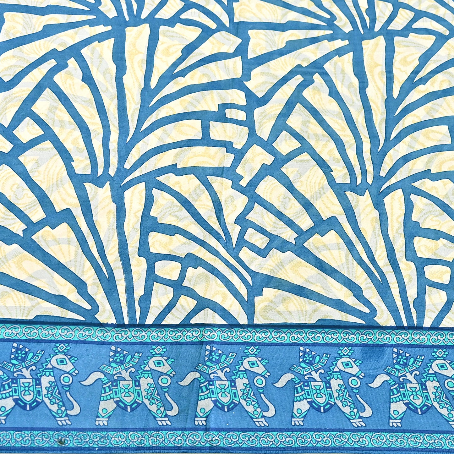 Indian Vintage Sari Ivory & Blue Printed 100% Pure Satin Silk Sarees 5yd Sewing Craft Fabric Dress Making Wrap Upcycle Quilting Crafting