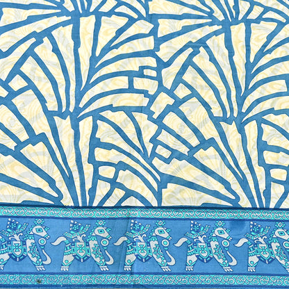 Indian Vintage Sari Ivory & Blue Printed 100% Pure Satin Silk Sarees 5yd Sewing Craft Fabric Dress Making Wrap Upcycle Quilting Crafting