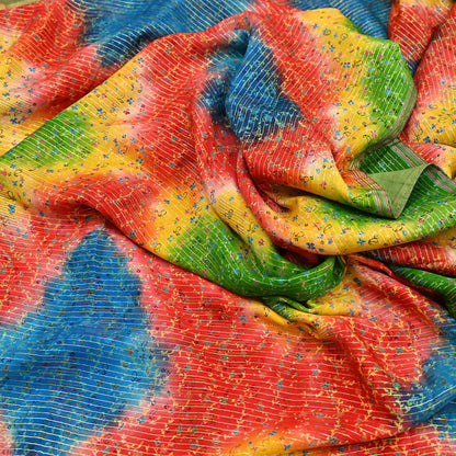 Indian Vintage Multi Saree 100% Pure Silk Printed Sari Craft Fabric 5yd Sewing Dress Making Soft Floral Crafting Quilting Upcycle Zari