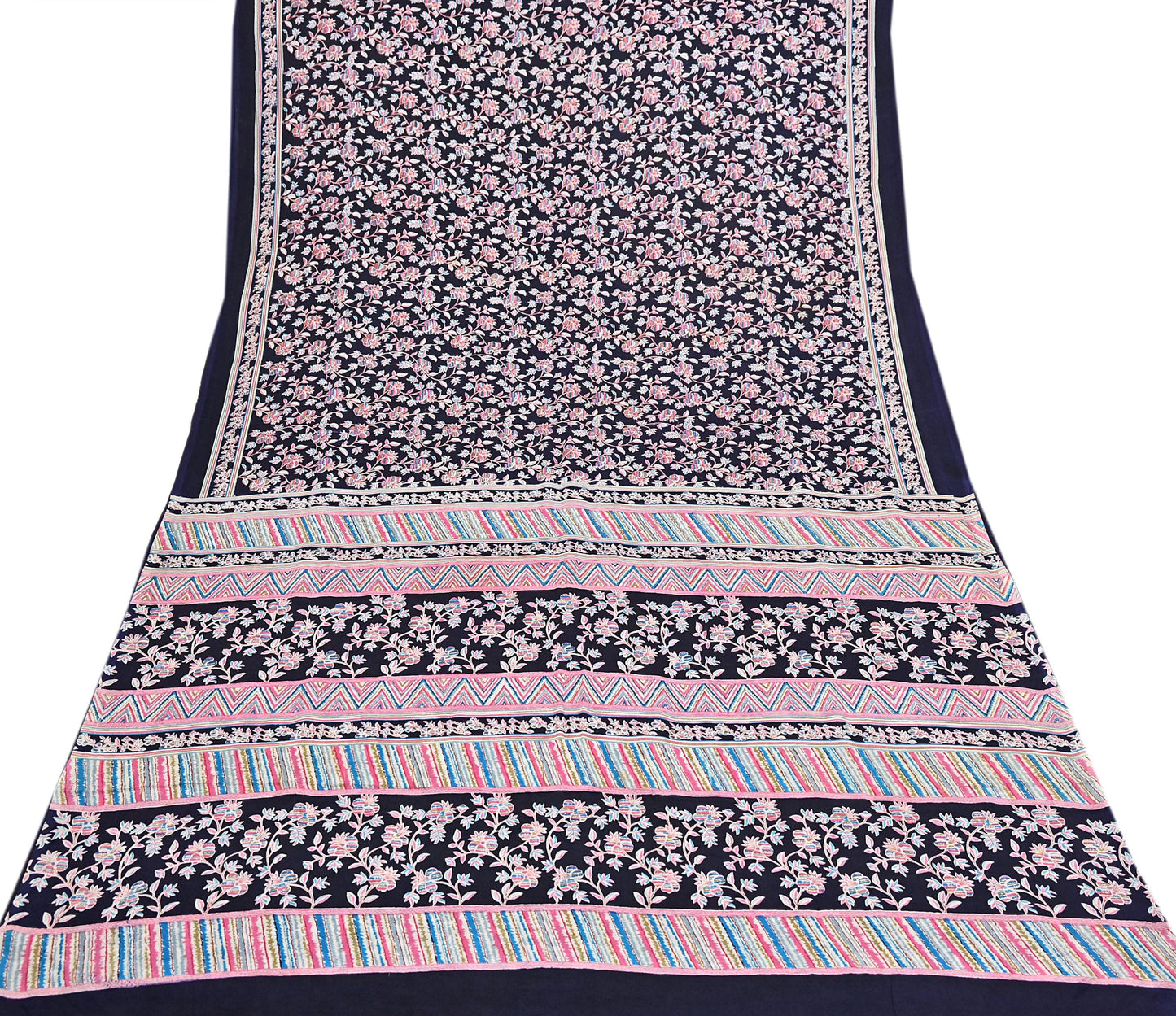 Indian Vintage Sari Blue Pure Silk Printed Saree Fabric 5yard Sewing Craft Fabric DressMaking Wrap Floral