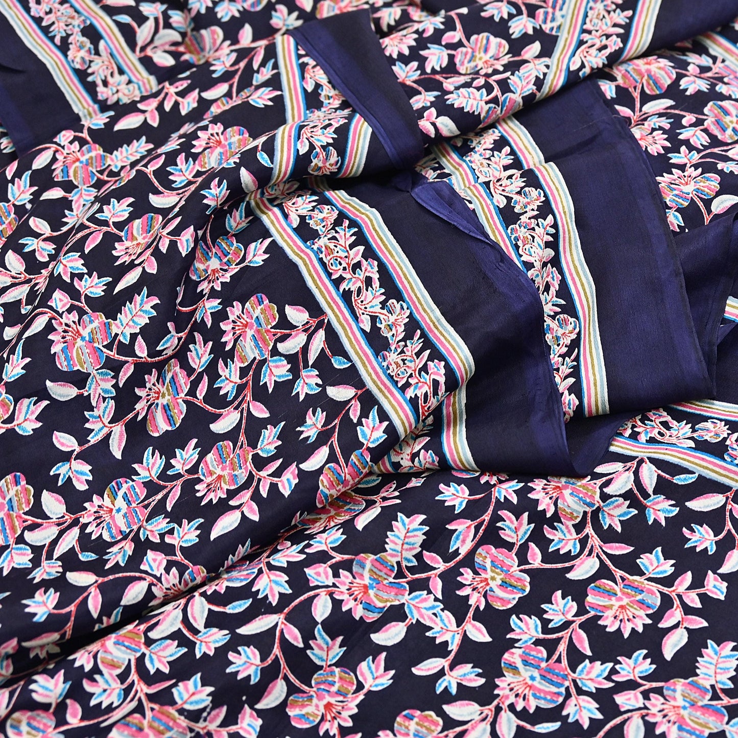 Indian Vintage Sari Blue Pure Silk Printed Saree Fabric 5yard Sewing Craft Fabric DressMaking Wrap Floral