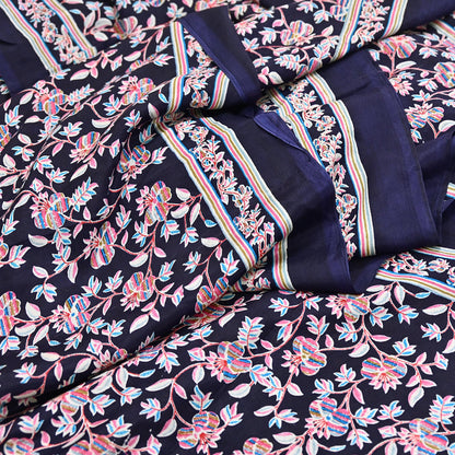 Indian Vintage Sari Blue Pure Silk Printed Saree Fabric 5yard Sewing Craft Fabric DressMaking Wrap Floral