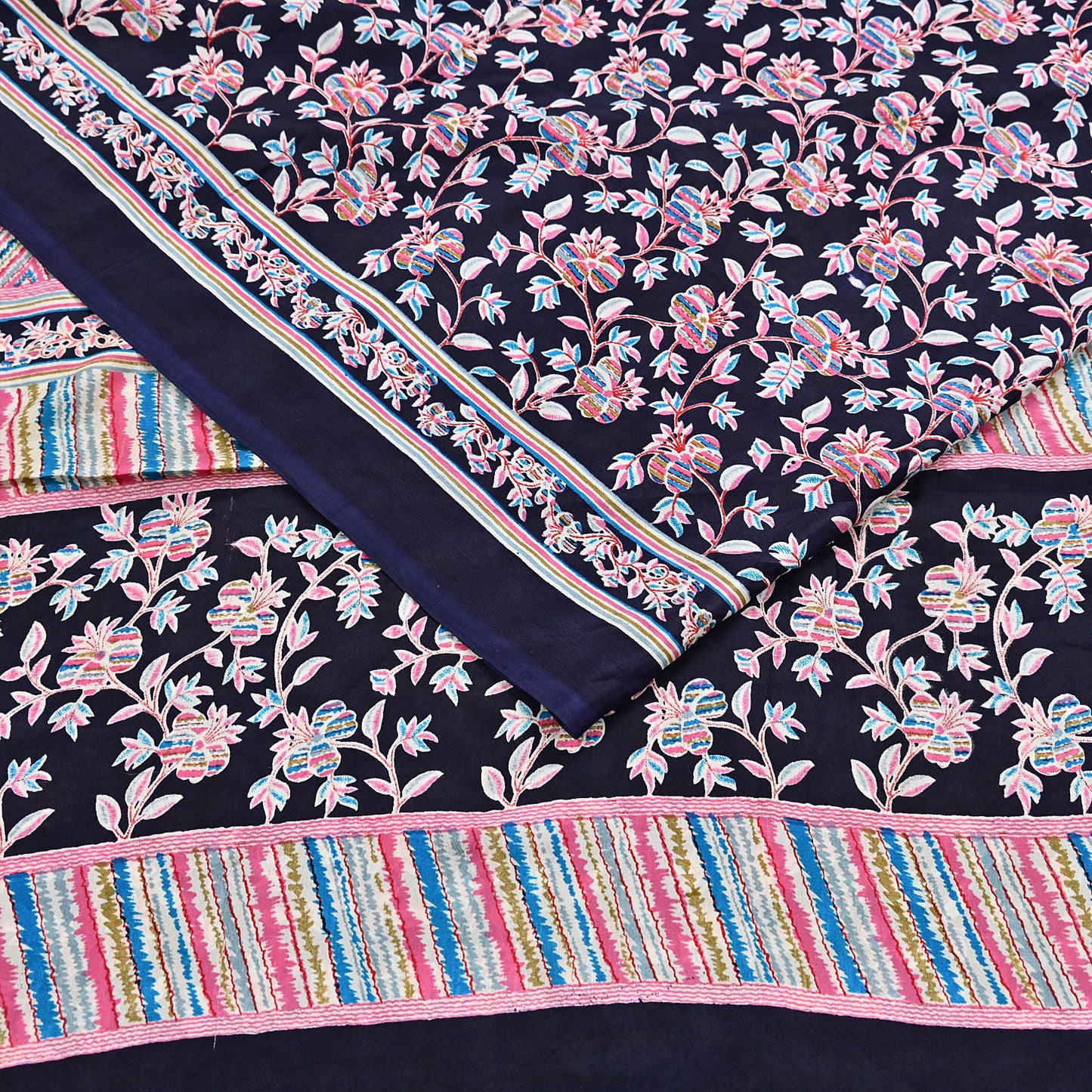 Indian Vintage Sari Blue Pure Silk Printed Saree Fabric 5yard Sewing Craft Fabric DressMaking Wrap Floral