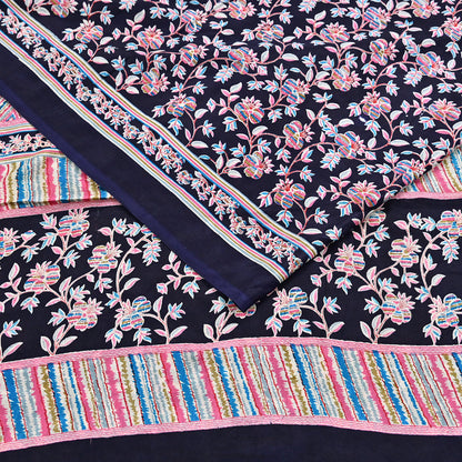 Indian Vintage Sari Blue Pure Silk Printed Saree Fabric 5yard Sewing Craft Fabric DressMaking Wrap Floral