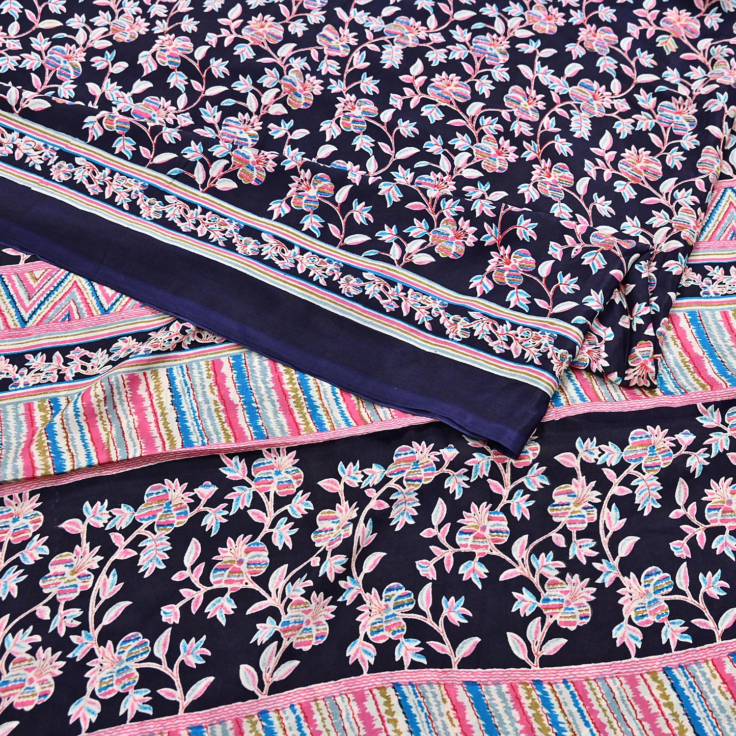 Indian Vintage Sari Blue Pure Silk Printed Saree Fabric 5yard Sewing Craft Fabric DressMaking Wrap Floral