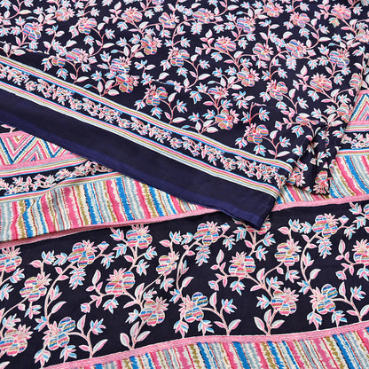 Indian Vintage Sari Blue Pure Silk Printed Saree Fabric 5yard Sewing Craft Fabric DressMaking Wrap Floral