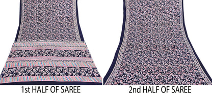 Indian Vintage Sari Blue Pure Silk Printed Saree Fabric 5yard Sewing Craft Fabric DressMaking Wrap Floral