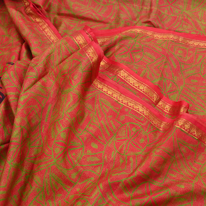 Indian Vintage Sari Red Printed Pure Silk Sarees 6yd Sewing Craft Fabric Soft Dress Making Upcycle Crafting Quilting Used Zari