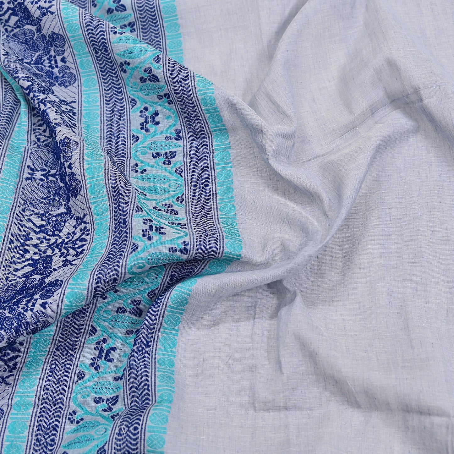 Indian Vintage Dupatta Gray Long Stole Hand Woven Baluchari Pure Cotton Scarves Veil Soft Fringes