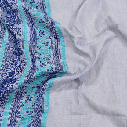 Indian Vintage Dupatta Gray Long Stole Hand Woven Baluchari Pure Cotton Scarves Veil Soft Fringes