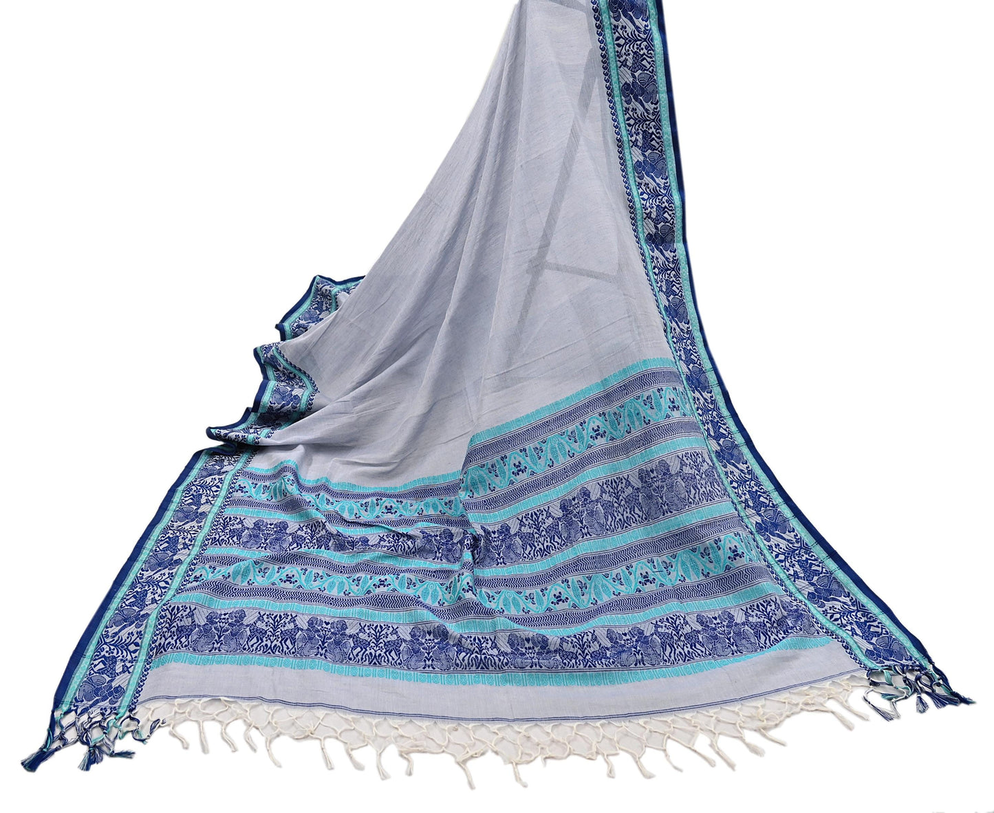 Indian Vintage Dupatta Gray Long Stole Hand Woven Baluchari Pure Cotton Scarves Veil Soft Fringes