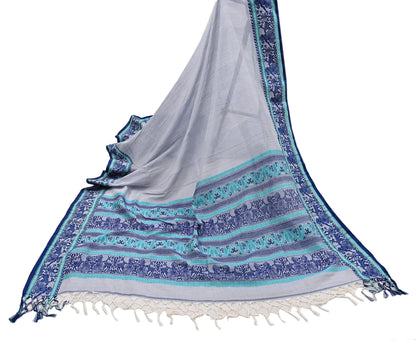 Indian Vintage Dupatta Gray Long Stole Hand Woven Baluchari Pure Cotton Scarves Veil Soft Fringes