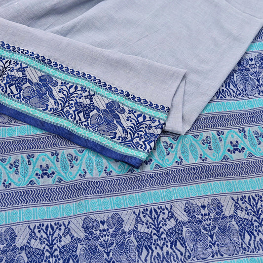 Indian Vintage Dupatta Gray Long Stole Hand Woven Baluchari Pure Cotton Scarves Veil Soft Fringes