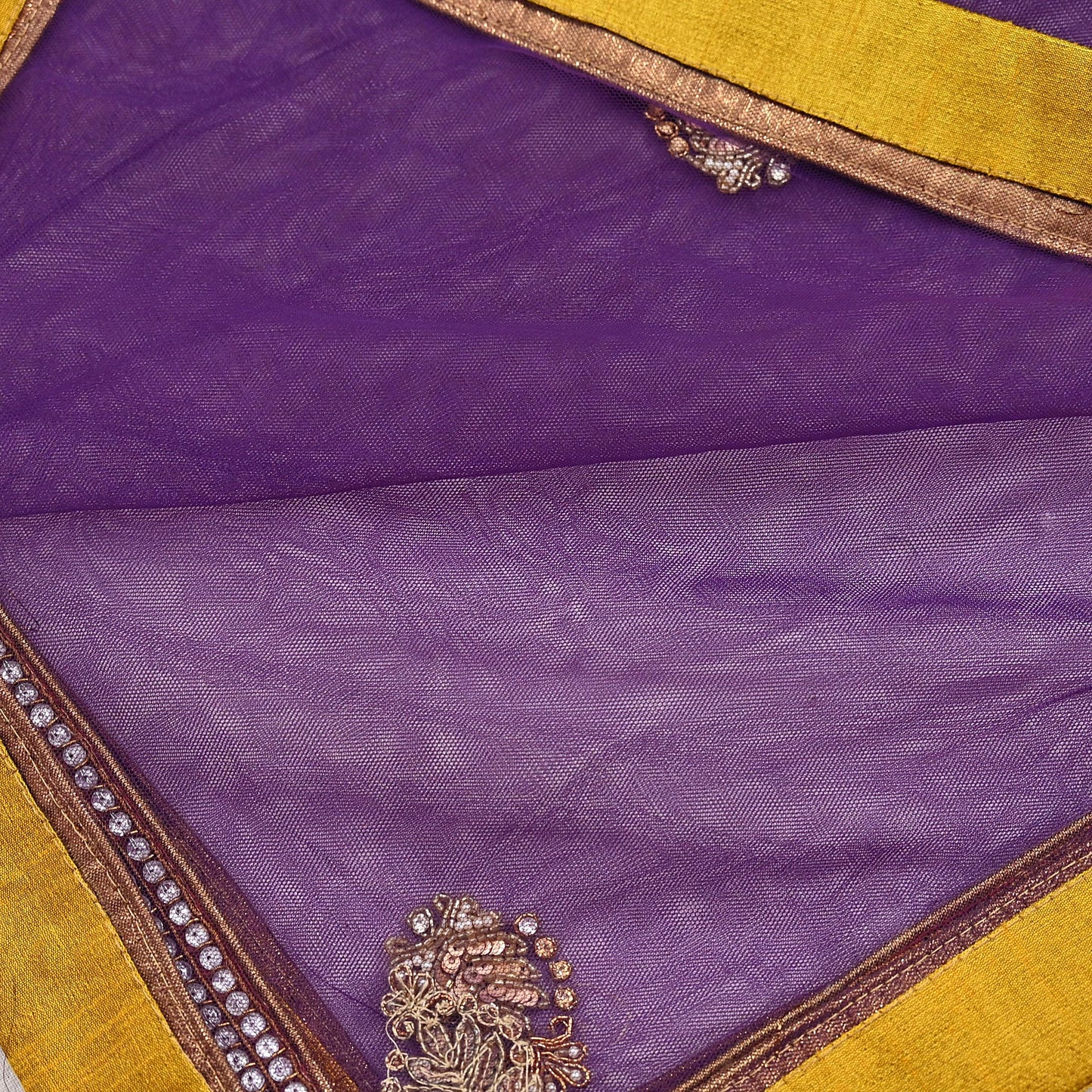 Indian Vintage Heavy Purple Dupatta Net Mesh Long Stole Hand Embroidered Scarves Golden Zardozi Zari Sequins Hijab Veil wrap Boho