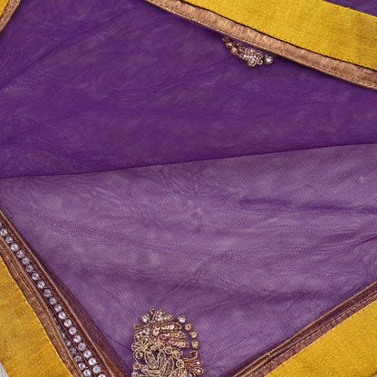 Indian Vintage Heavy Purple Dupatta Net Mesh Long Stole Hand Embroidered Scarves Golden Zardozi Zari Sequins Hijab Veil wrap Boho