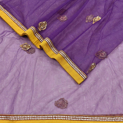 Indian Vintage Heavy Purple Dupatta Net Mesh Long Stole Hand Embroidered Scarves Golden Zardozi Zari Sequins Hijab Veil wrap Boho