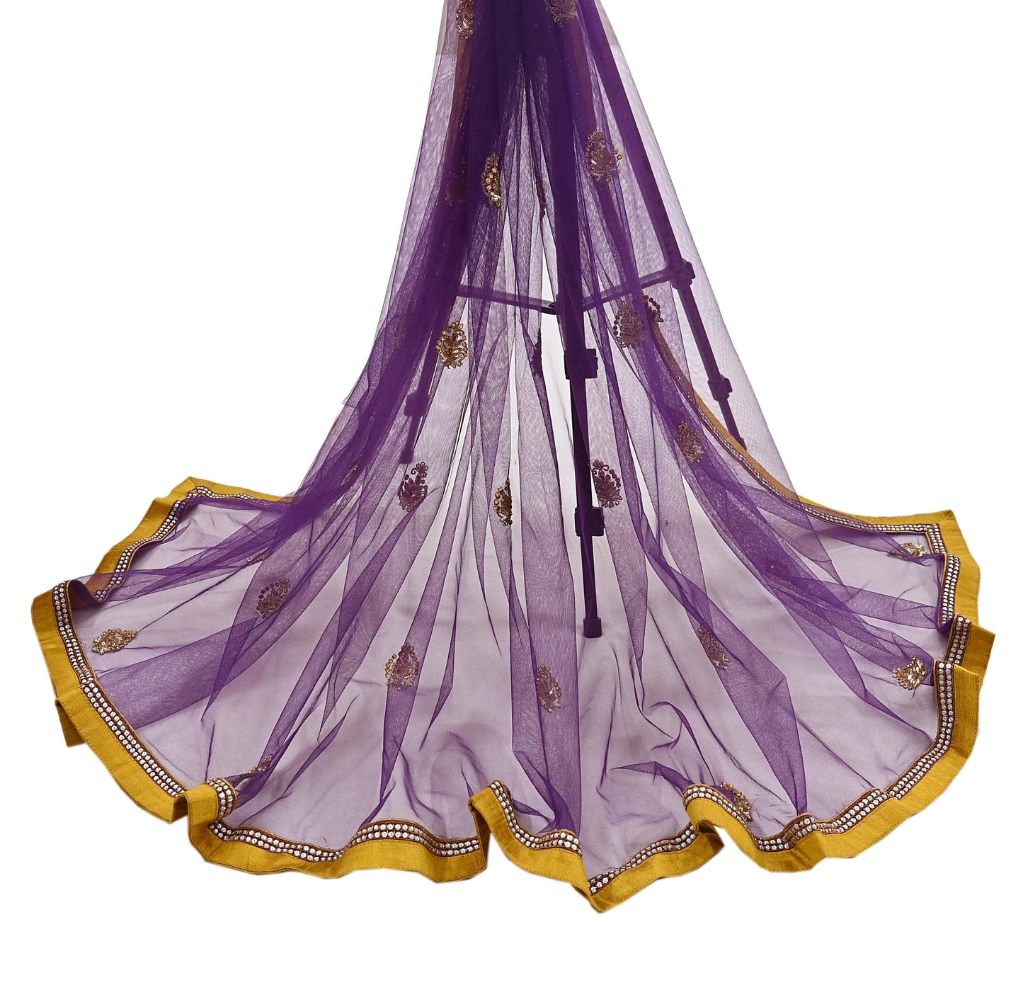 Indian Vintage Heavy Purple Dupatta Net Mesh Long Stole Hand Embroidered Scarves Golden Zardozi Zari Sequins Hijab Veil wrap Boho