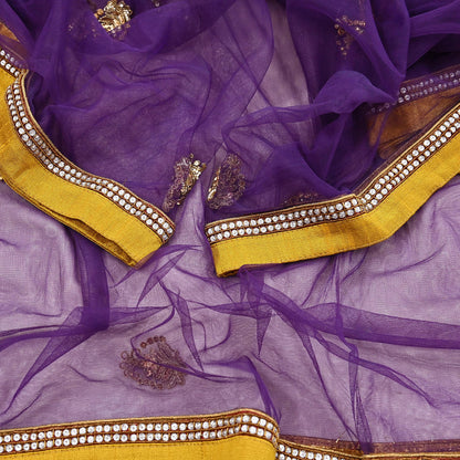 Indian Vintage Heavy Purple Dupatta Net Mesh Long Stole Hand Embroidered Scarves Golden Zardozi Zari Sequins Hijab Veil wrap Boho