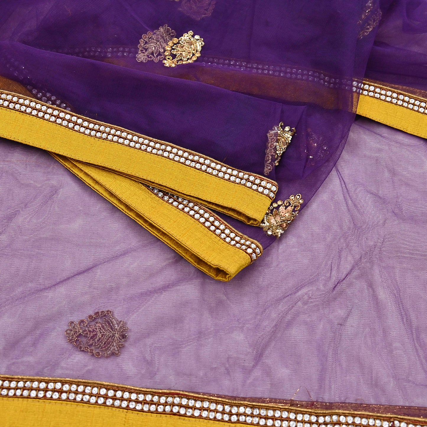 Indian Vintage Heavy Purple Dupatta Net Mesh Long Stole Hand Embroidered Scarves Golden Zardozi Zari Sequins Hijab Veil wrap Boho
