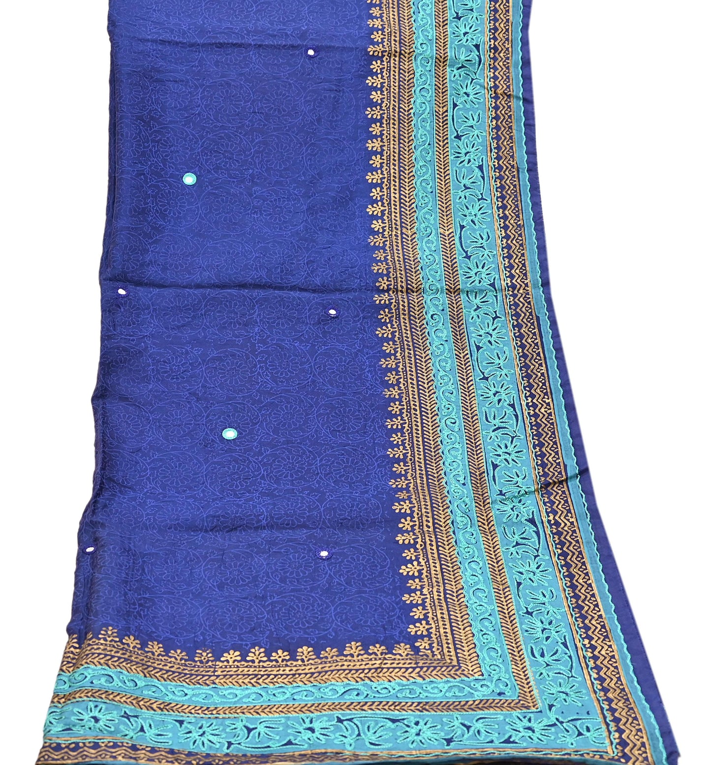Indian Vintage Dupatta Blue Long Stole Artificial silk embroidered Painted Scarves Veil Zari Soft Floral Design