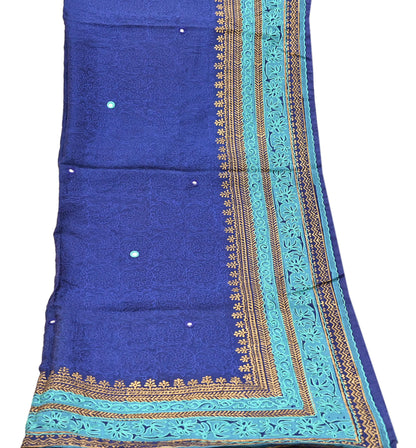 Indian Vintage Dupatta Blue Long Stole Artificial silk embroidered Painted Scarves Veil Zari Soft Floral Design
