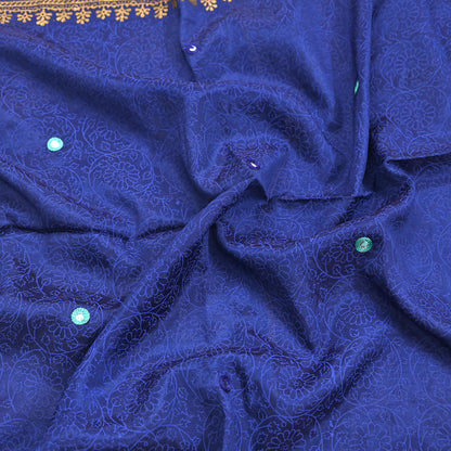 Indian Vintage Dupatta Blue Long Stole Artificial silk embroidered Painted Scarves Veil Zari Soft Floral Design