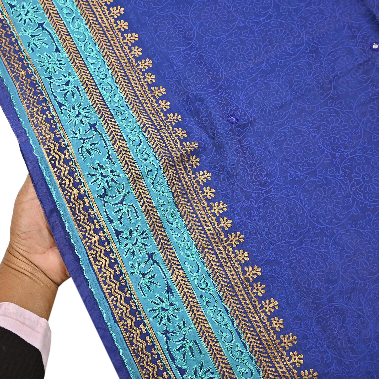Indian Vintage Dupatta Blue Long Stole Artificial silk embroidered Painted Scarves Veil Zari Soft Floral Design