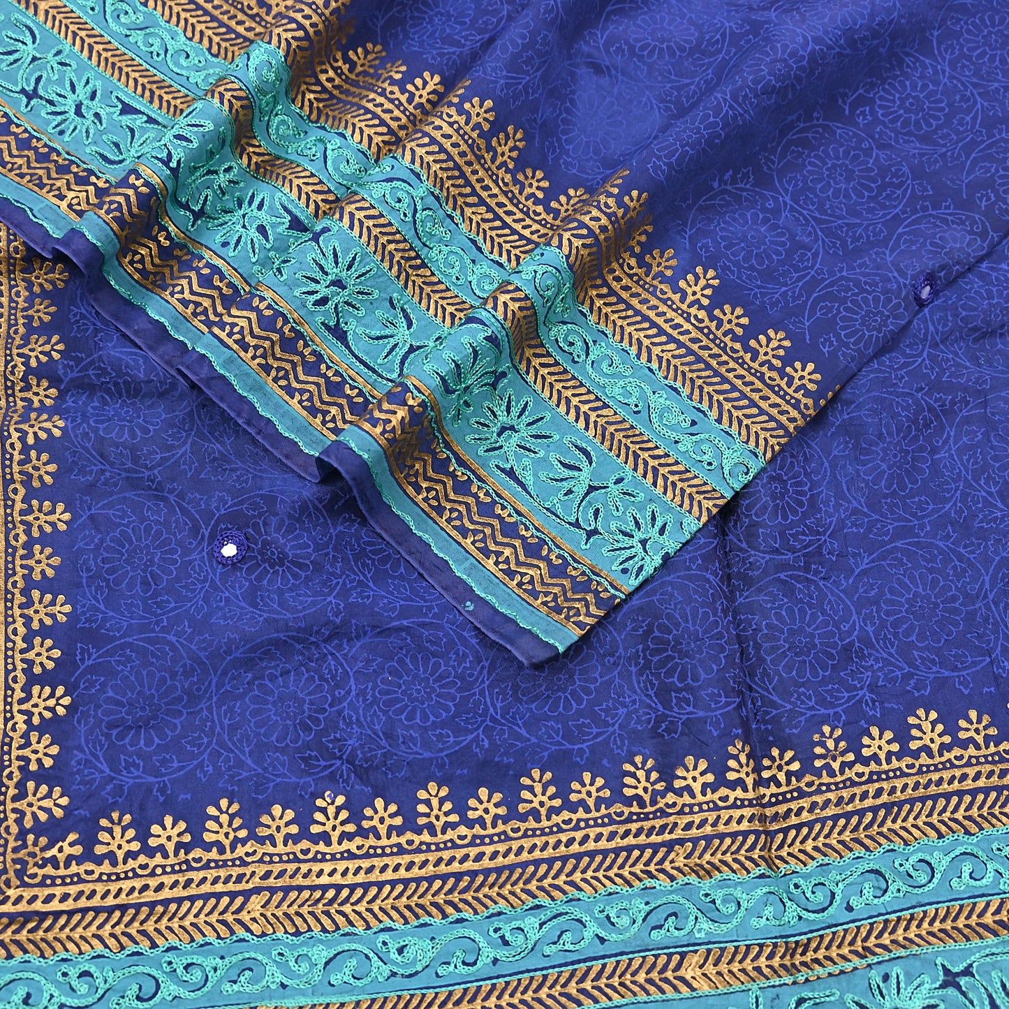 Indian Vintage Dupatta Blue Long Stole Artificial silk embroidered Painted Scarves Veil Zari Soft Floral Design