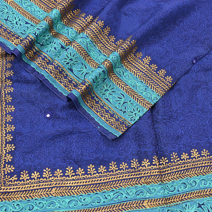 Indian Vintage Dupatta Blue Long Stole Artificial silk embroidered Painted Scarves Veil Zari Soft Floral Design