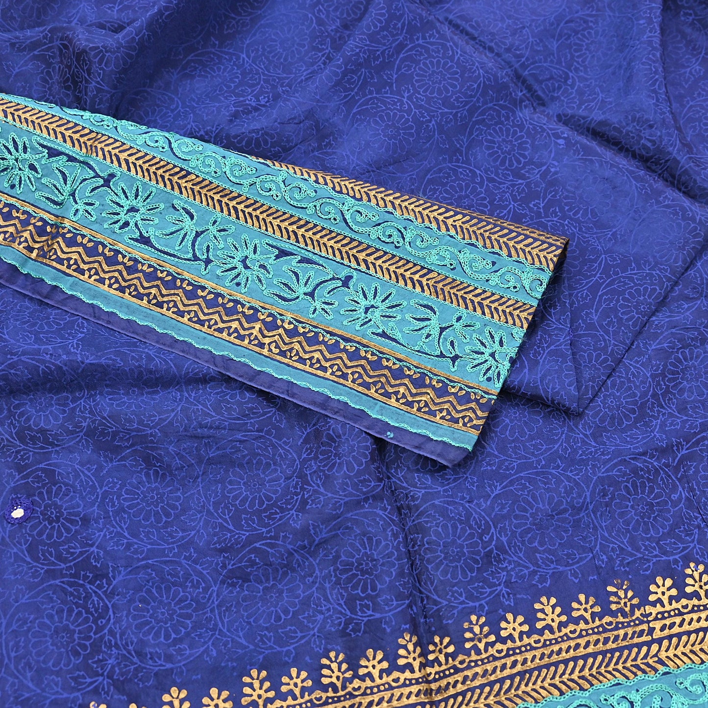 Indian Vintage Dupatta Blue Long Stole Artificial silk embroidered Painted Scarves Veil Zari Soft Floral Design