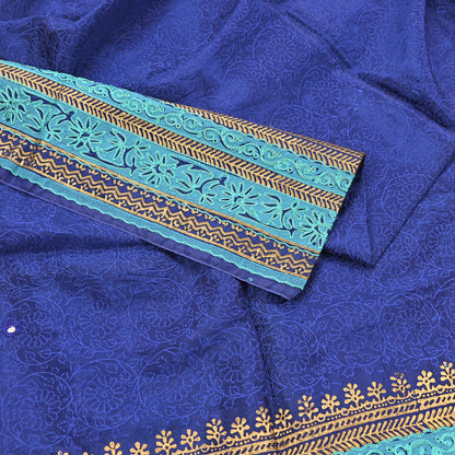 Indian Vintage Dupatta Blue Long Stole Artificial silk embroidered Painted Scarves Veil Zari Soft Floral Design