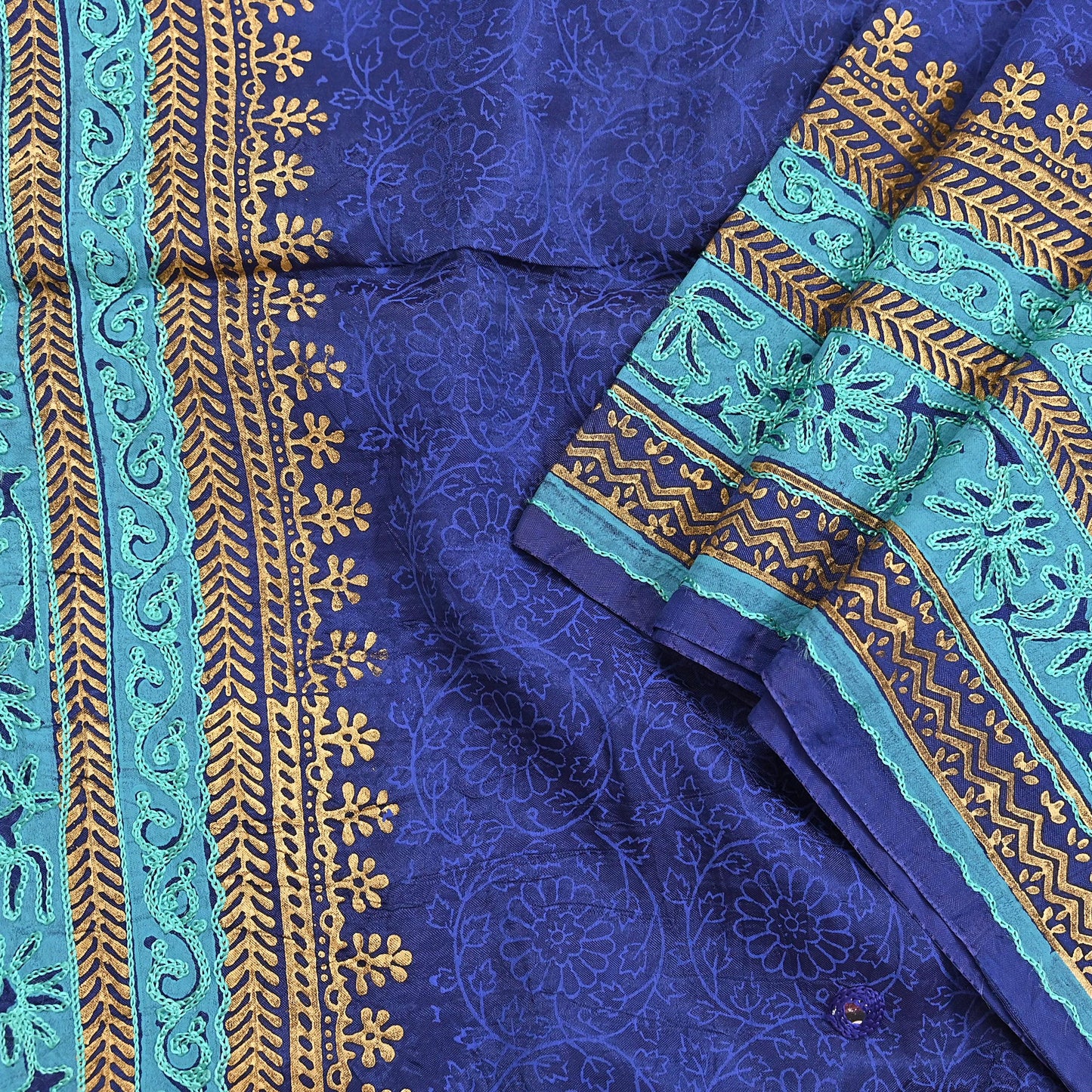 Indian Vintage Dupatta Blue Long Stole Artificial silk embroidered Painted Scarves Veil Zari Soft Floral Design