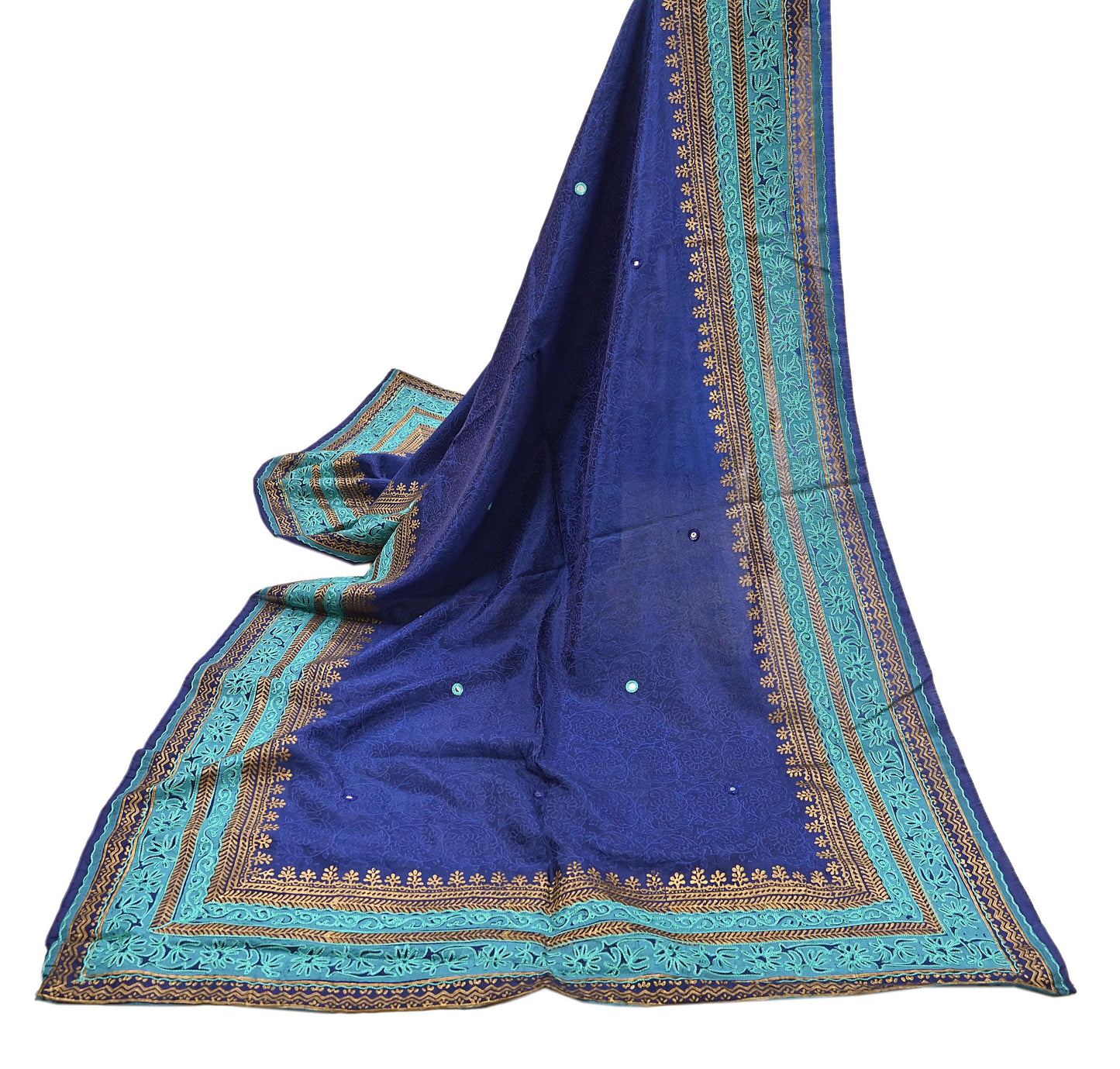 Indian Vintage Dupatta Blue Long Stole Artificial silk embroidered Painted Scarves Veil Zari Soft Floral Design