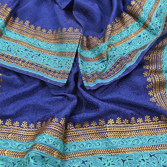 Indian Vintage Dupatta Blue Long Stole Artificial silk embroidered Painted Scarves Veil Zari Soft Floral Design