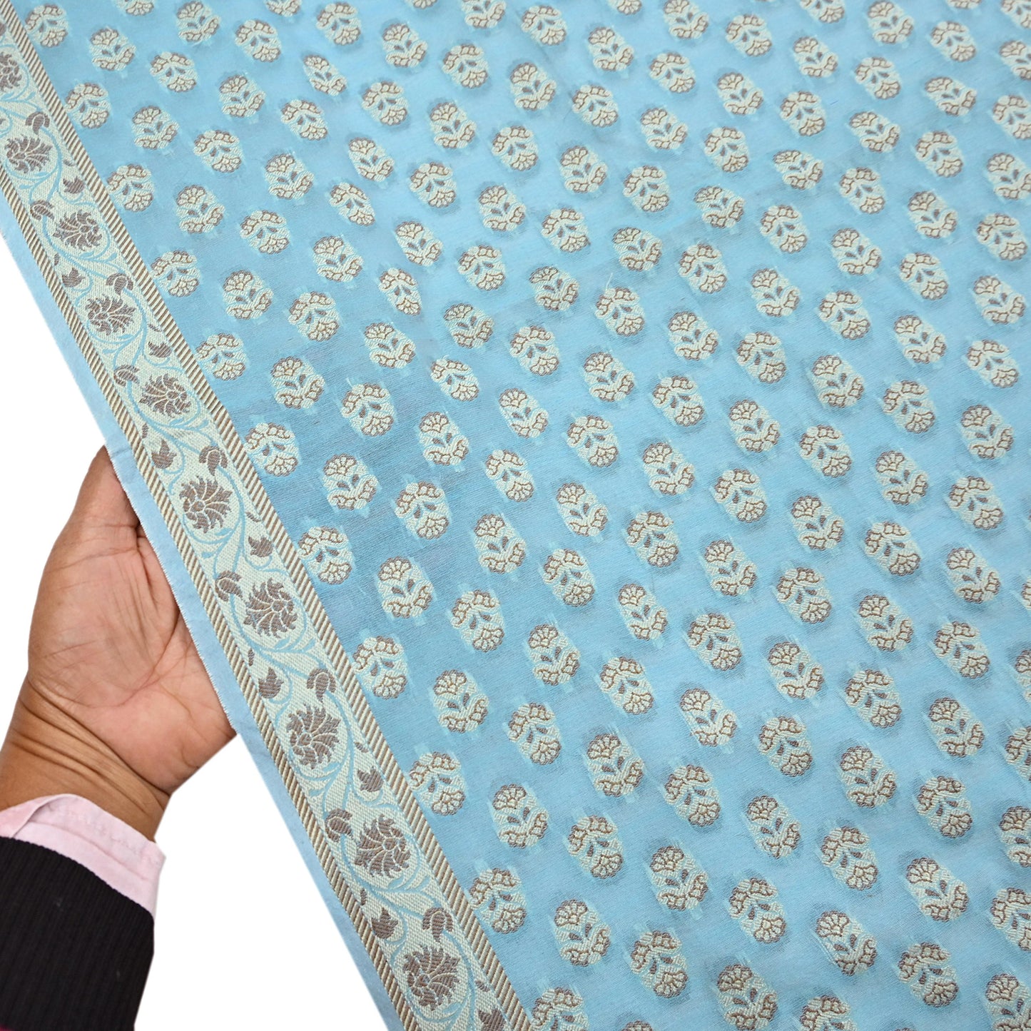 Indian Vintage Blue Dupatta Long Stole Woven Cotton Scarves Veil Soft Floral Design Wrap Boho Upcycle For Designing