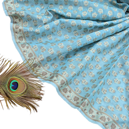 Indian Vintage Blue Dupatta Long Stole Woven Cotton Scarves Veil Soft Floral Design Wrap Boho Upcycle For Designing