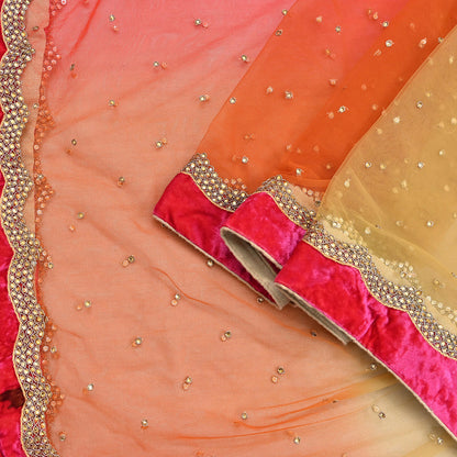 Indian Vintage Heavy Multi Dupatta Net Mesh Long Stole Hand Embroidered Scarf Golden Zardozi Zari Glass Beaded Stole