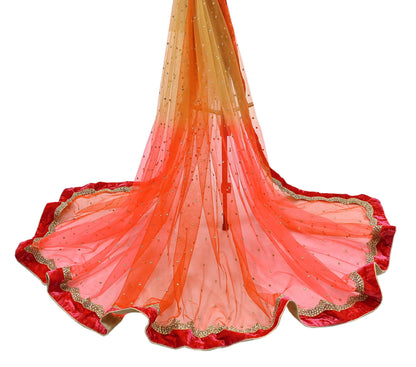 Indian Vintage Heavy Multi Dupatta Net Mesh Long Stole Hand Embroidered Scarf Golden Zardozi Zari Glass Beaded Stole